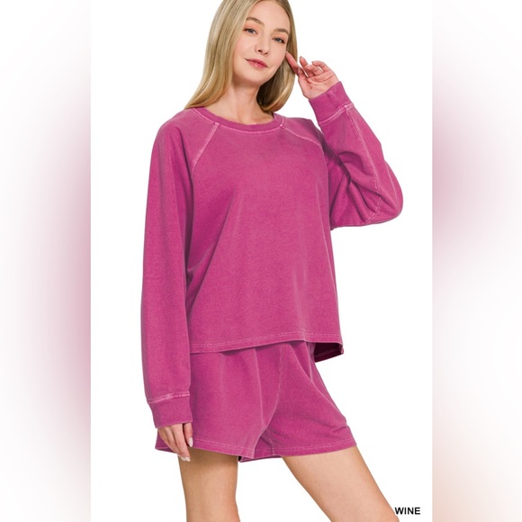 Zenana Outfitters Pants - Z8. NEW Zenana French Terry Pullover Short Set Wine Magenta Cotton Lounge Set